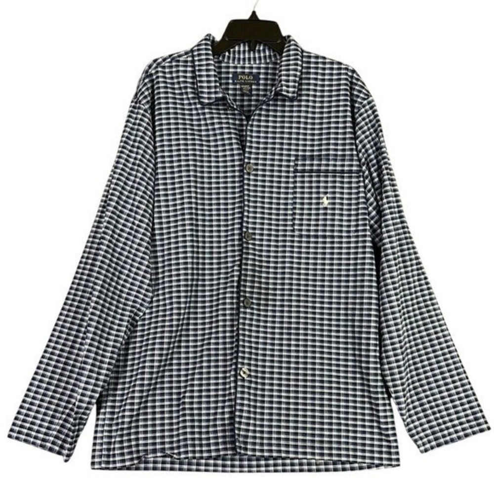 Polo Ralph Lauren Sleep Shirt Mens Medium Blue Plaid Button Up Sleepwear Pajamas